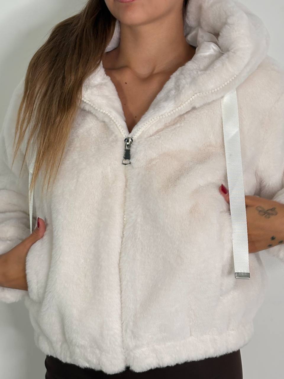 Bomber Eco - Pelliccia Con Cappuccio Bianca - Abbigliamento Jessica