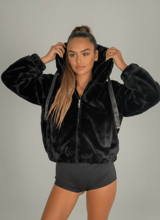 Bomber Eco - Pelliccia Con Cappuccio Nera - Abbigliamento Jessica