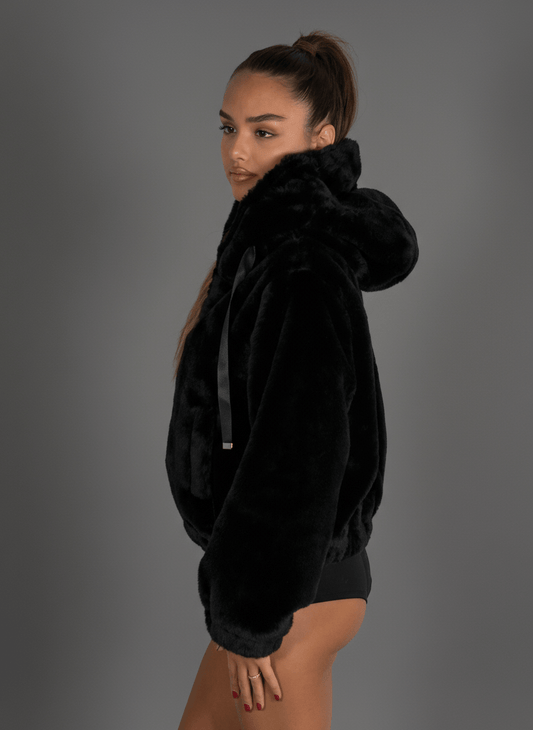 Bomber Eco - Pelliccia Con Cappuccio Nera - Abbigliamento Jessica