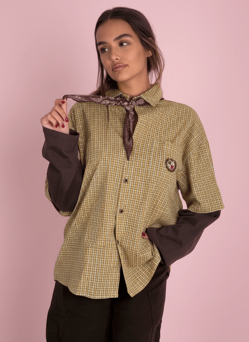Camicia A Quadretti Con Maniche In Cotone E Bandana Marrone - Abbigliamento Jessica
