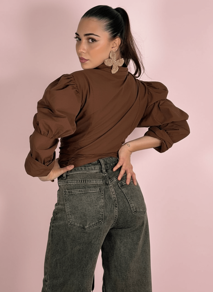 Camicia Corsetto con Maniche Balloon Marrone - Abbigliamento Jessica