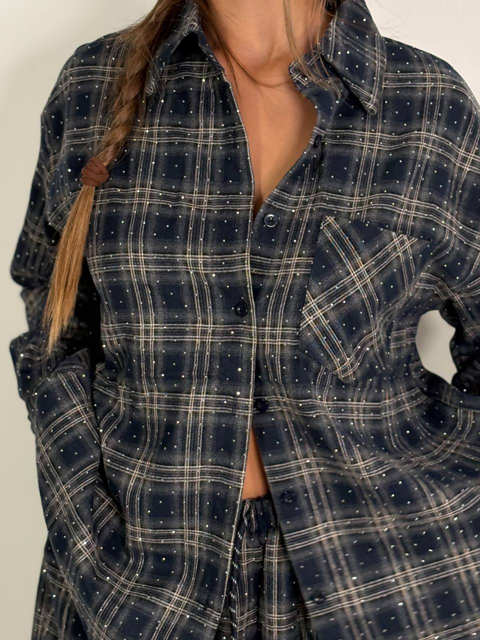 Camicia Over Blu A Quadri Con Dettagli Strass - Abbigliamento Jessica