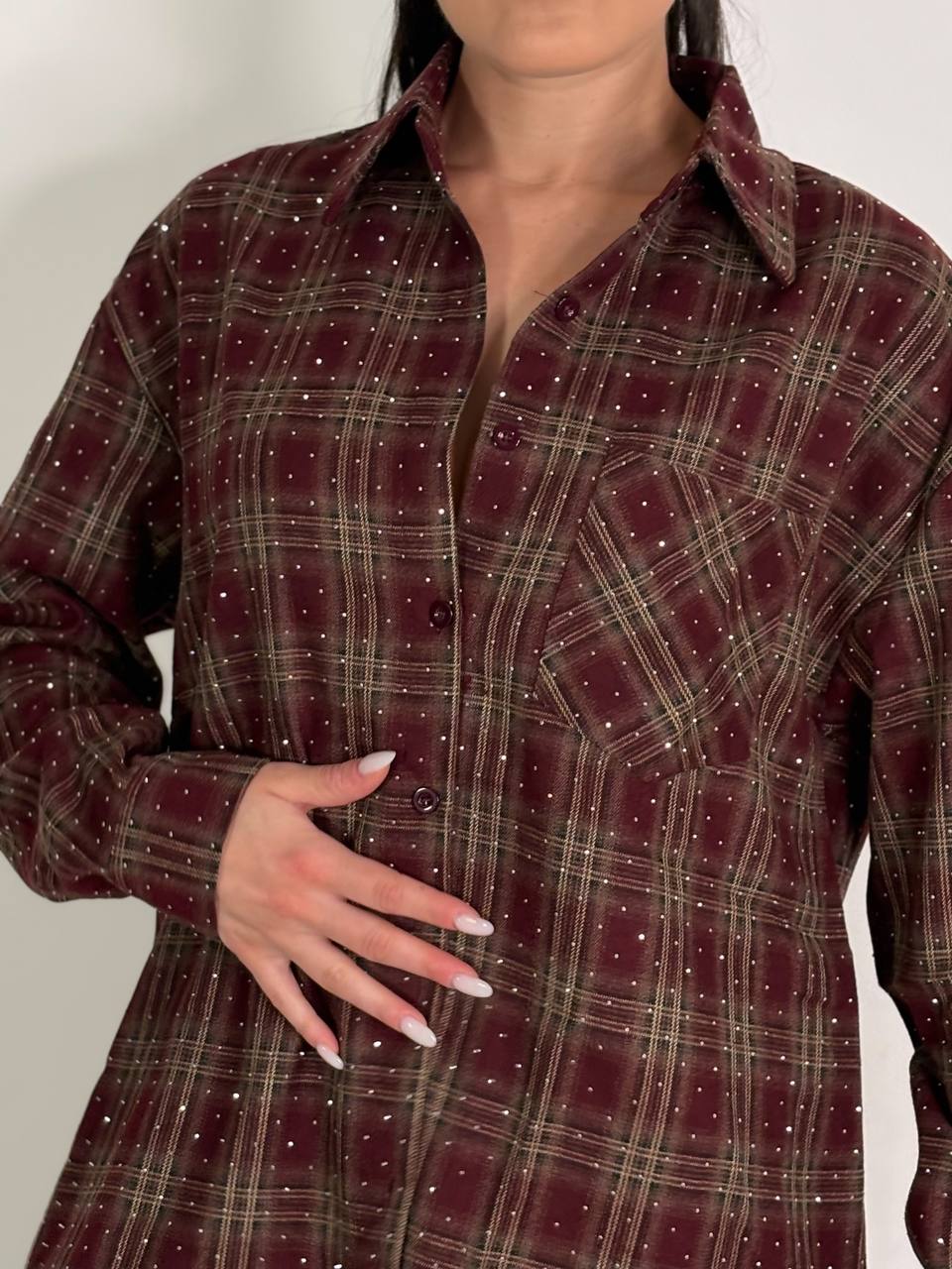 Camicia Over Bordeux A Quadri Con Dettagli Strass - Abbigliamento Jessica