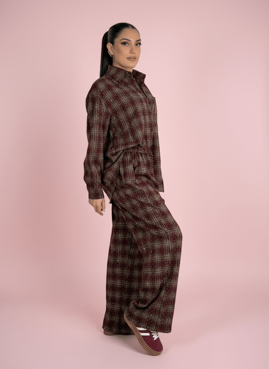 Camicia Over Bordeux A Quadri Con Dettagli Strass - Abbigliamento Jessica