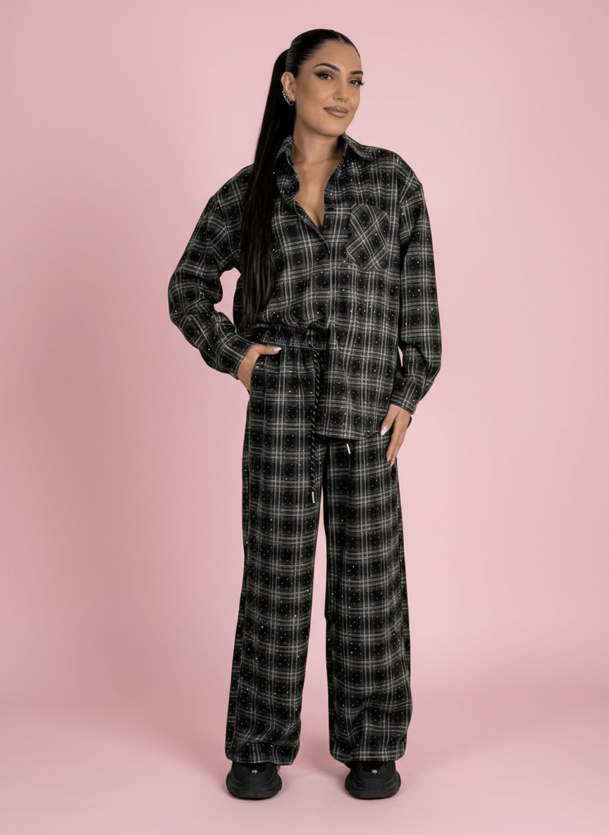 Camicia Over Nero A Quadri Con Dettagli Strass - Abbigliamento Jessica
