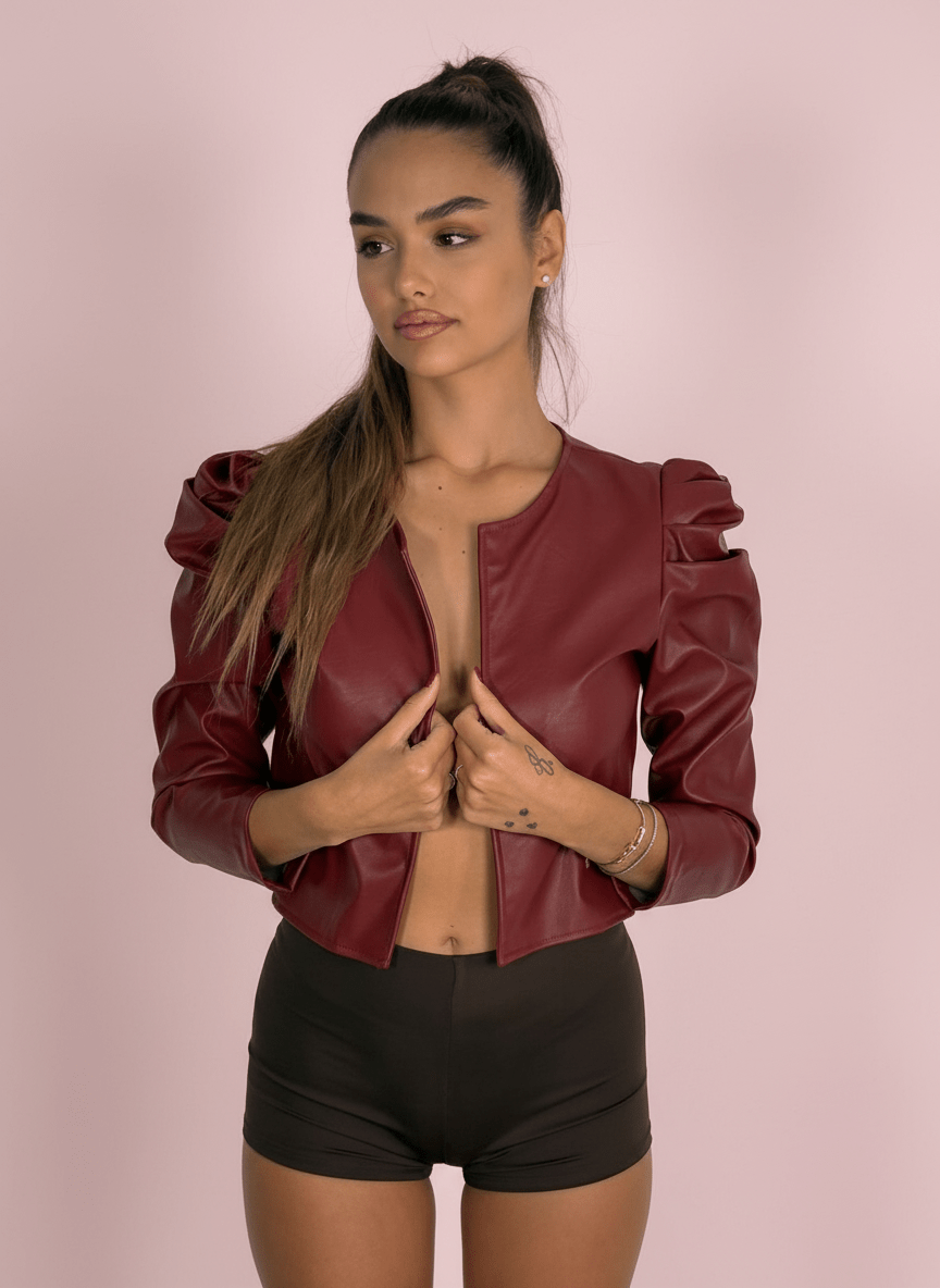 Giacca Cropped Ecopelle Con Spalline Arricciate Bordeux - Abbigliamento Jessica