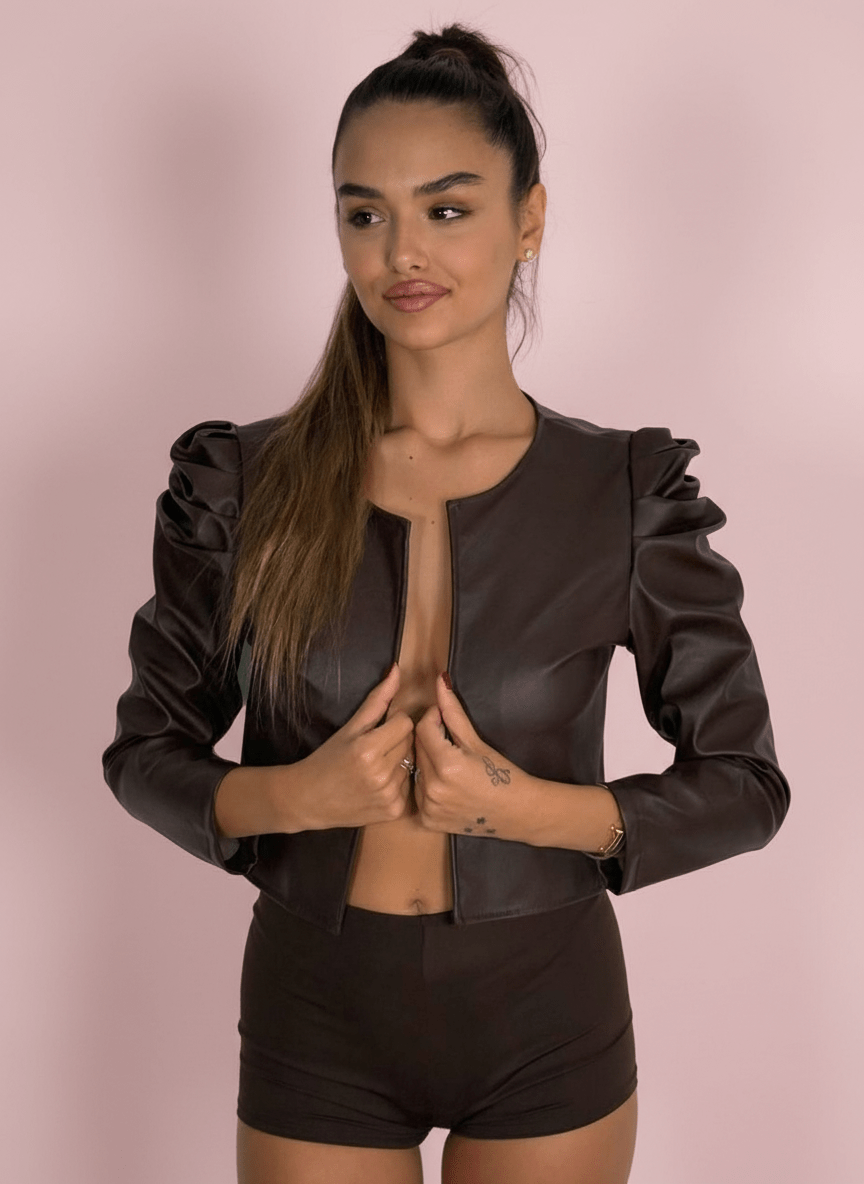 Giacca Cropped Ecopelle Con Spalline Arricciate Marrone - Abbigliamento Jessica