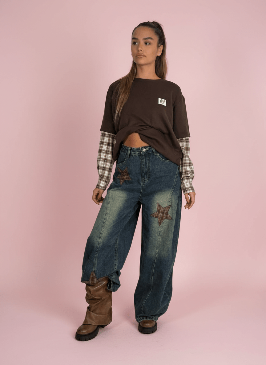 Jeans Baggy Con Zip Removibile E Patch A Quadretti - Abbigliamento Jessica