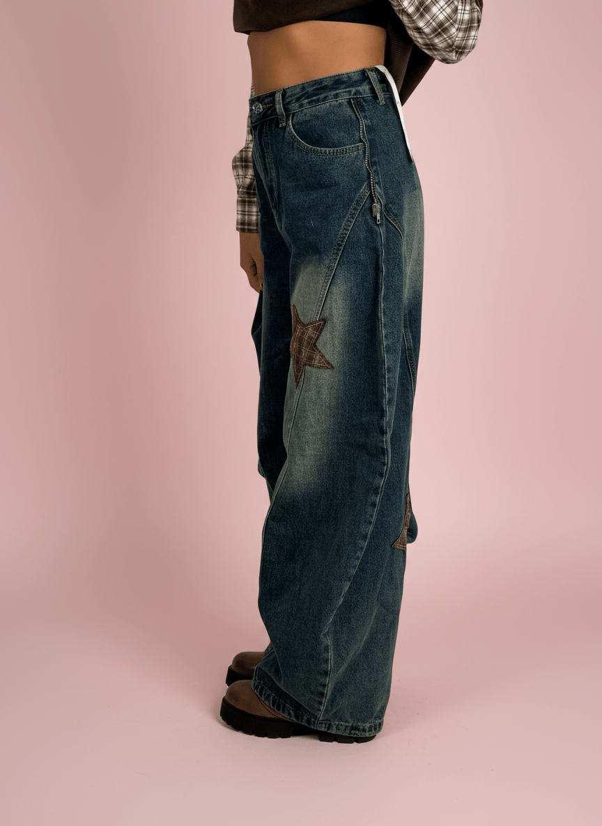 Jeans Baggy Con Zip Removibile E Patch A Quadretti - Abbigliamento Jessica