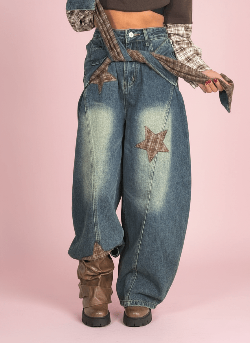 Jeans Baggy Con Zip Removibile E Patch A Quadretti - Abbigliamento Jessica