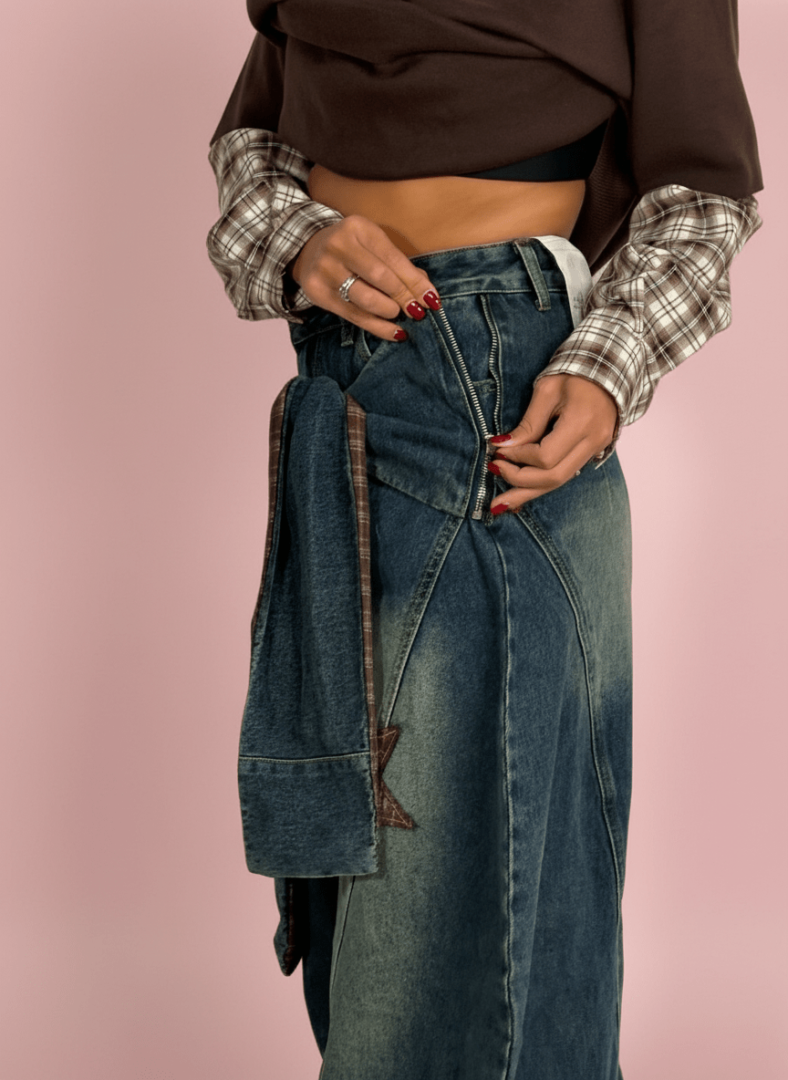 Jeans Baggy Con Zip Removibile E Patch A Quadretti - Abbigliamento Jessica