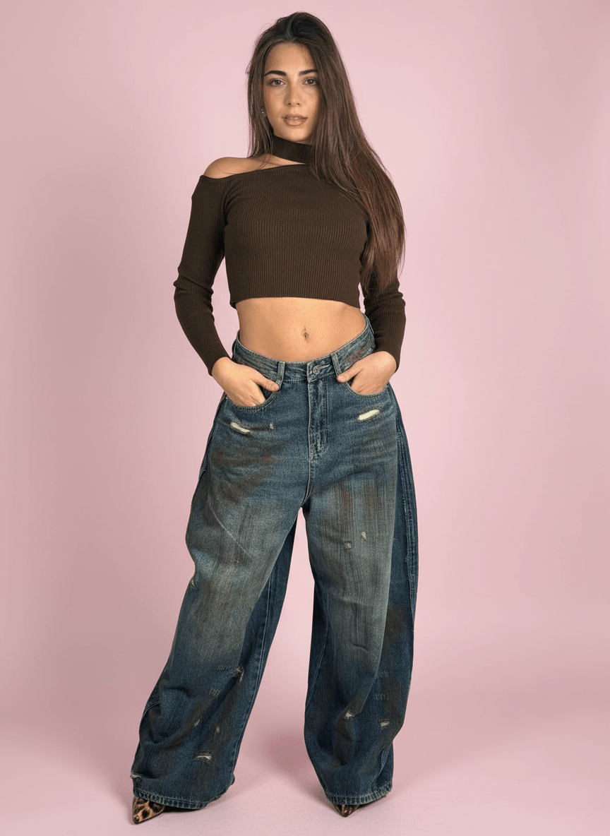 Jeans Wide Leg Effetto Vintage - Abbigliamento Jessica