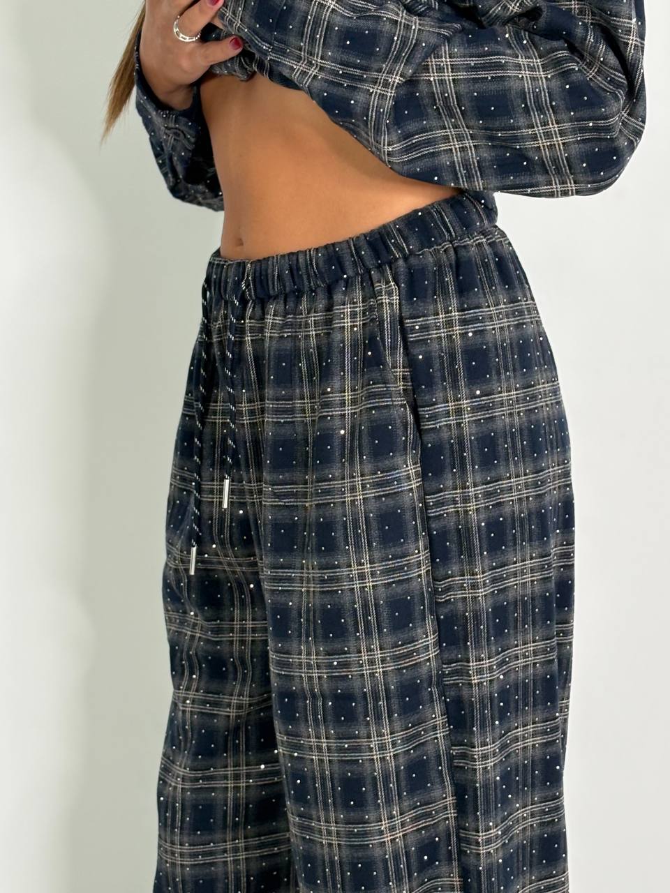Pantalone Palazzo A Quadri Blu Con Dettagli Strass - Abbigliamento Jessica