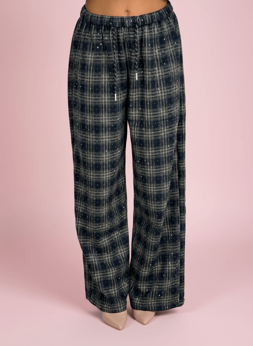 Pantalone Palazzo A Quadri Blu Con Dettagli Strass - Abbigliamento Jessica