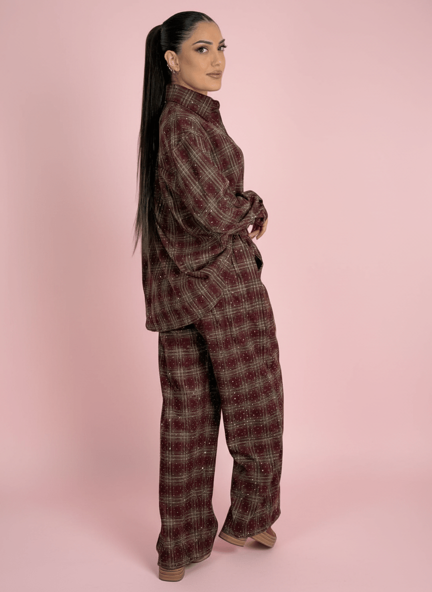 Pantalone Palazzo A Quadri Bordeux Con Dettagli Strass - Abbigliamento Jessica