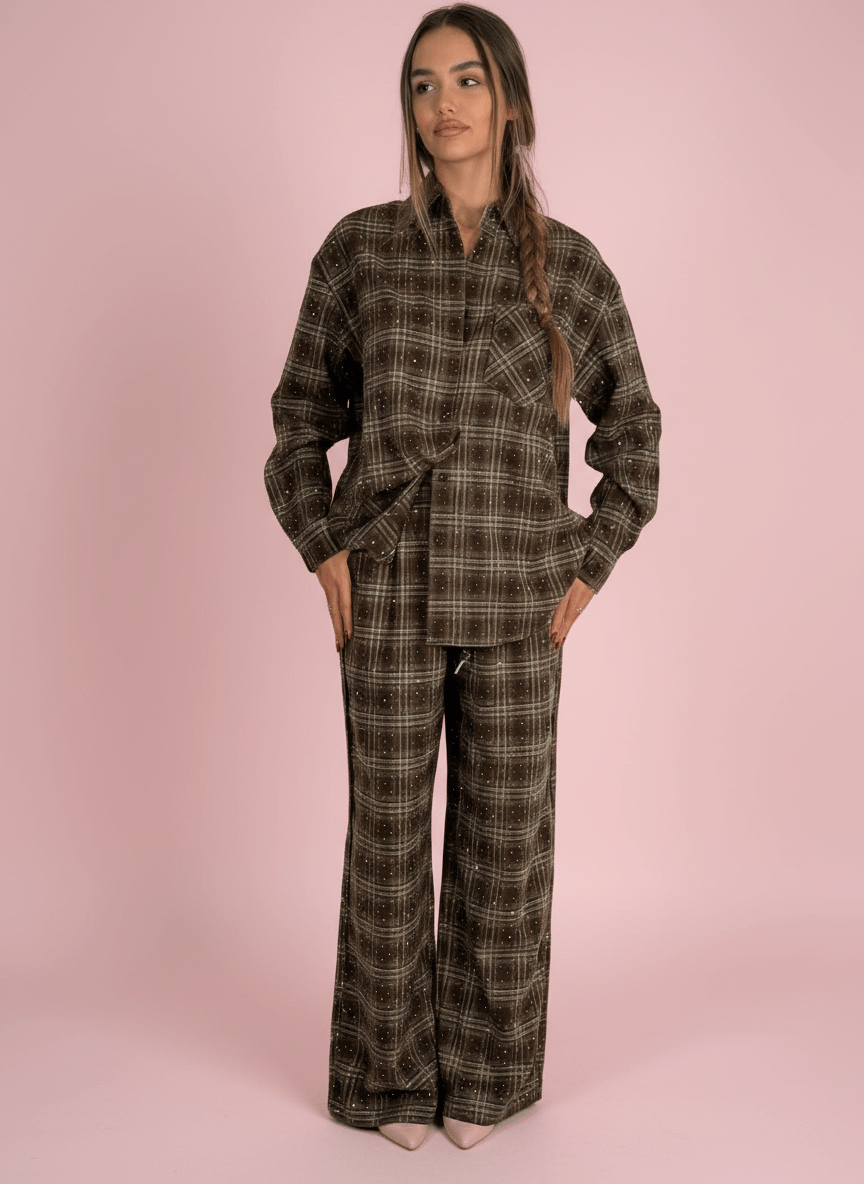 Pantalone Palazzo A Quadri Marrone Con Dettagli Strass - Abbigliamento Jessica