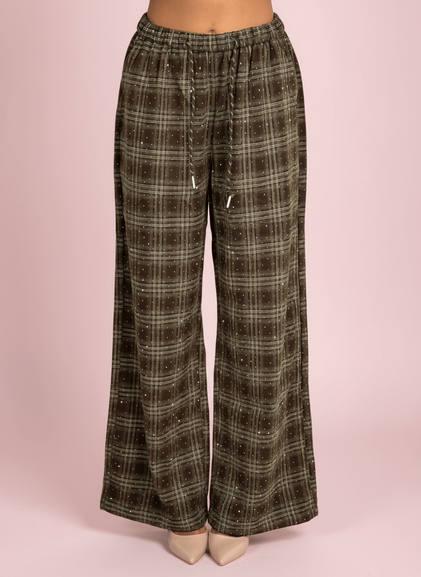 Pantalone Palazzo A Quadri Marrone Con Dettagli Strass - Abbigliamento Jessica
