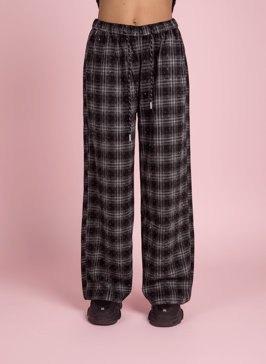Pantalone Palazzo Nero A Quadri Con Dettagli Strass - Abbigliamento Jessica
