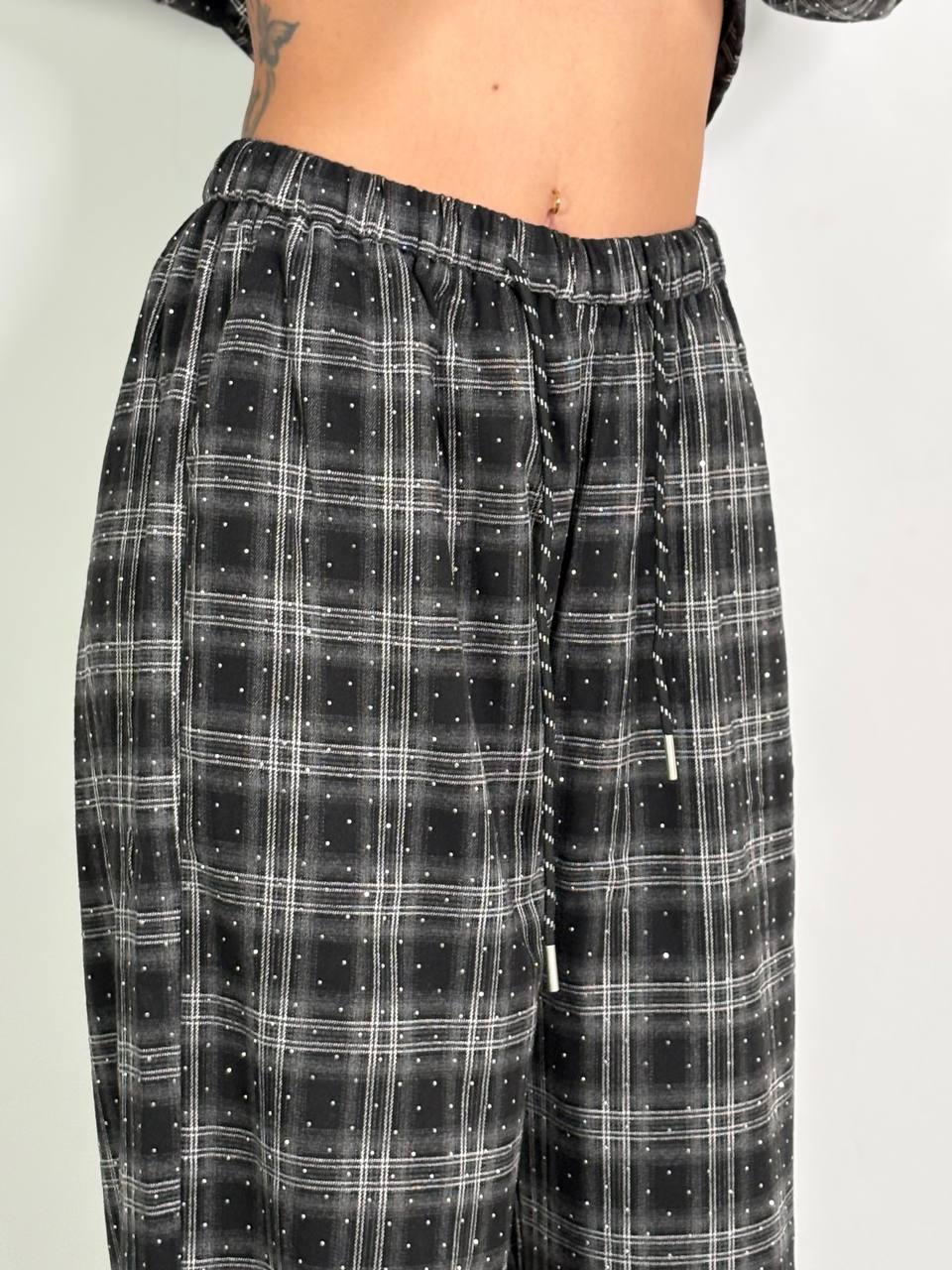 Pantalone Palazzo Nero A Quadri Con Dettagli Strass - Abbigliamento Jessica