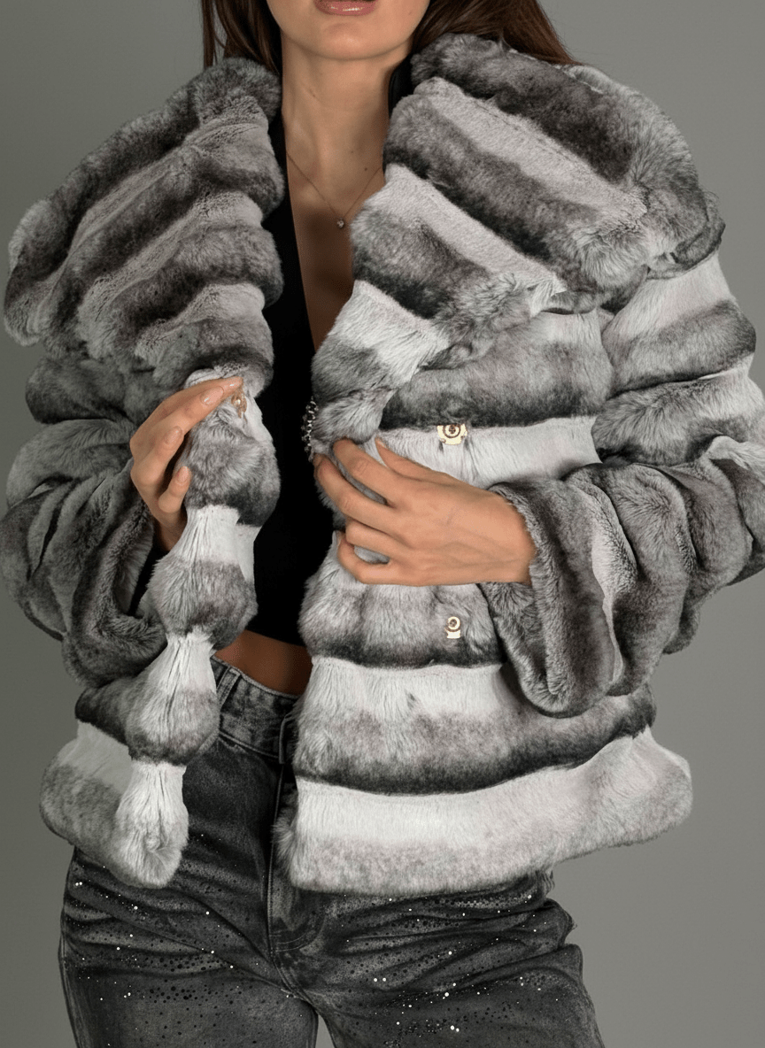 Pelliccia Ecologica Grigia A Fasce - Abbigliamento Jessica