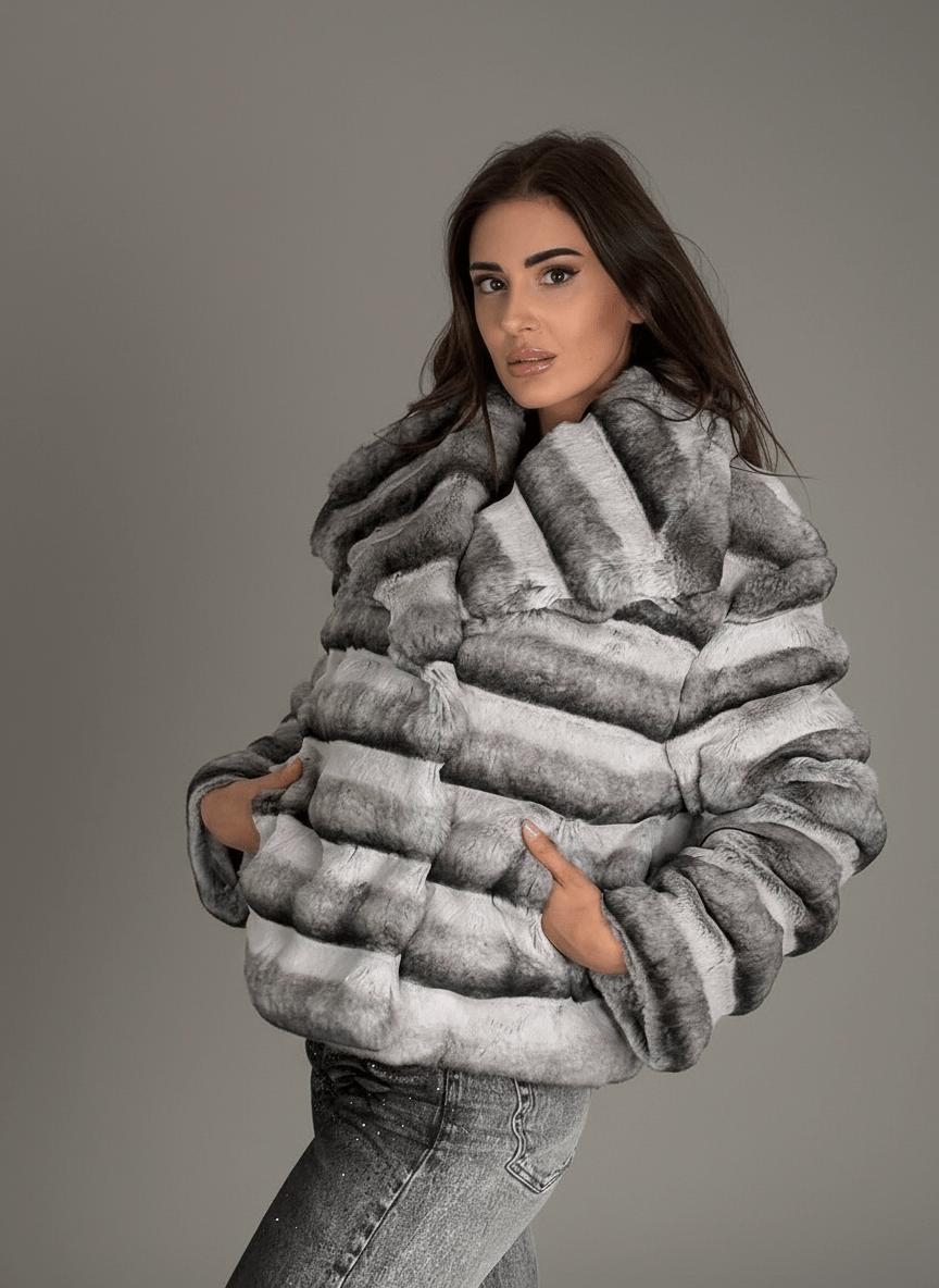 Pelliccia Ecologica Grigia A Fasce - Abbigliamento Jessica