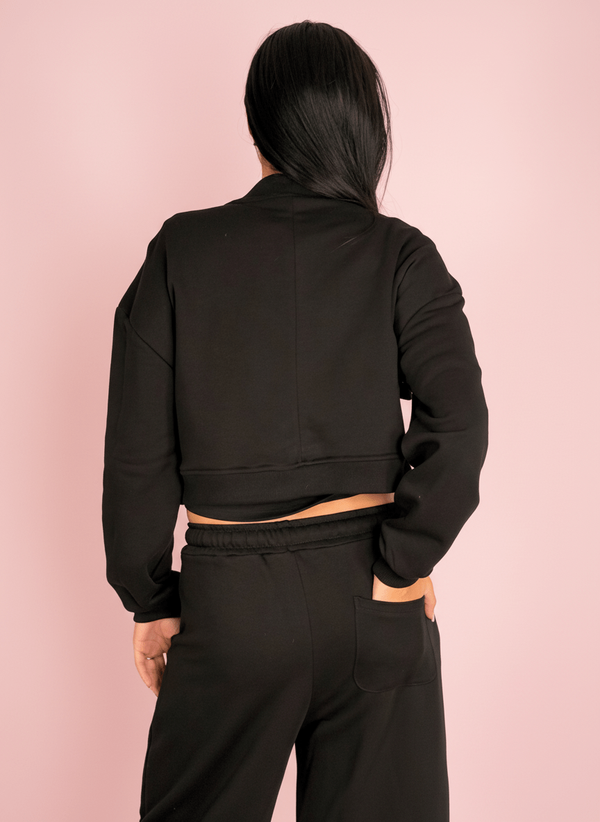 Set Felpa Cropped Con Pantalone Wide Nero - Abbigliamento Jessica