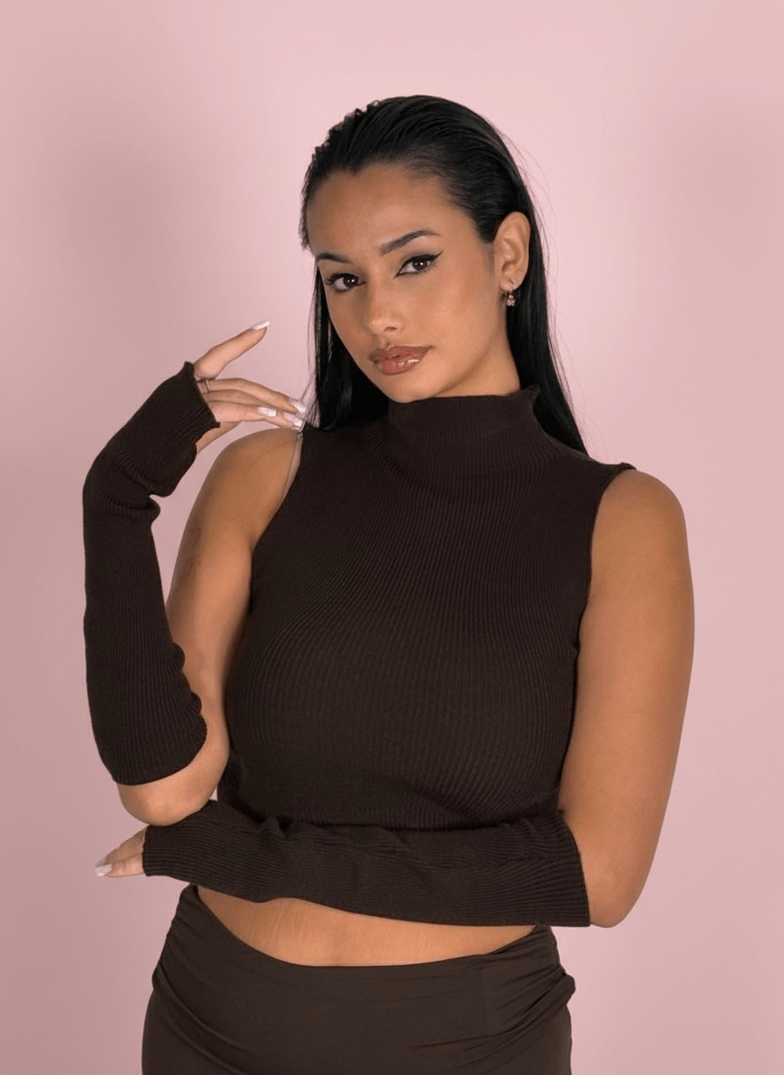Top Smanicato Marrone Con Manicotti Coordinati - Abbigliamento Jessica