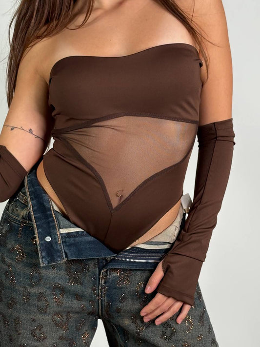 Body Trasparente Con Manicotti Marrone - Abbigliamento Jessica