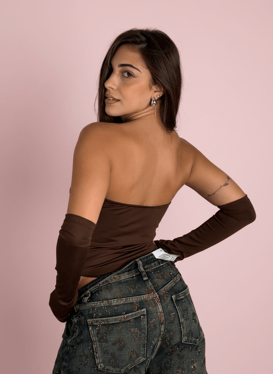 Body Trasparente Con Manicotti Marrone - Abbigliamento Jessica