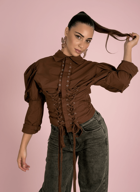 Camicia Corsetto con Maniche Balloon Marrone - Abbigliamento Jessica