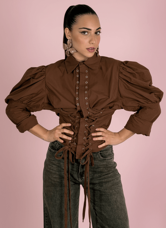 Camicia Corsetto con Maniche Balloon Marrone - Abbigliamento Jessica