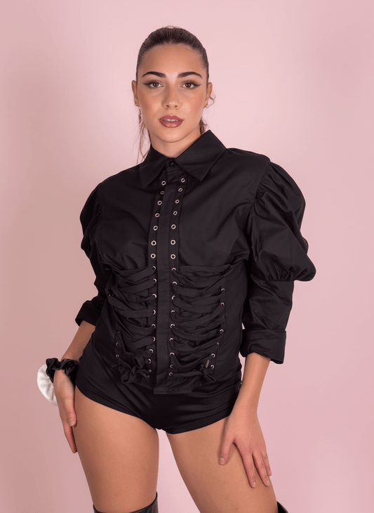 Camicia Corsetto con Maniche Balloon Nero - Abbigliamento Jessica