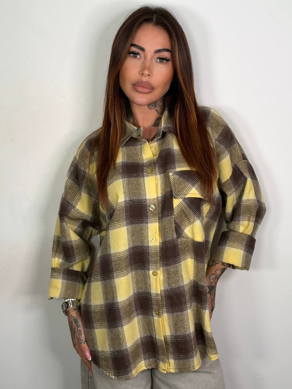 Camicia Maple a quadri giallo e marrone, vista frontale