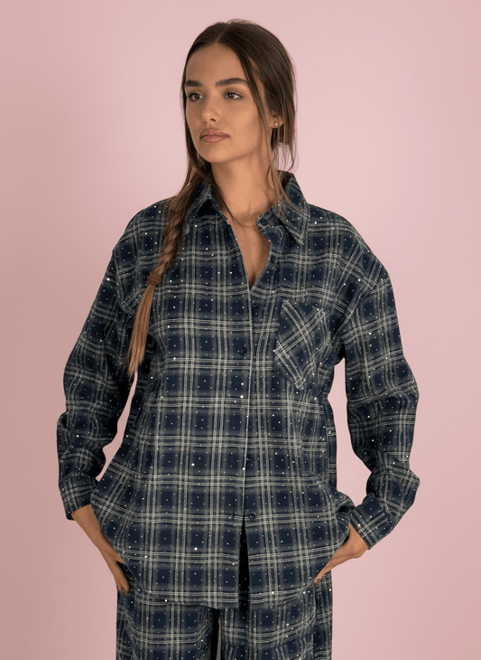 Camicia Over Blu A Quadri Con Dettagli Strass - Abbigliamento Jessica