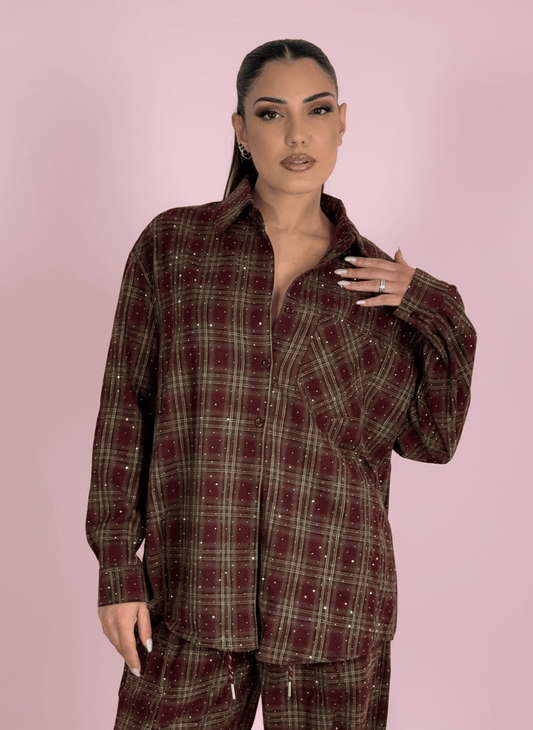 Camicia Over Bordeux A Quadri Con Dettagli Strass - Abbigliamento Jessica