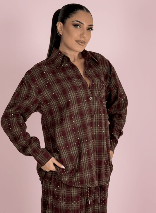 Camicia Over Bordeux A Quadri Con Dettagli Strass - Abbigliamento Jessica