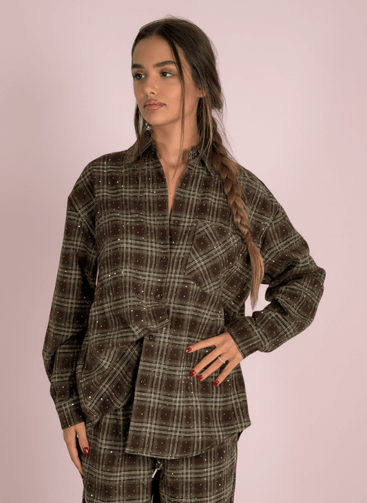Camicia Over Marrone A Quadri Con Dettagli Strass - Abbigliamento Jessica