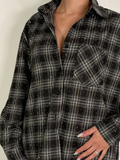 Camicia Over Nero A Quadri Con Dettagli Strass - Abbigliamento Jessica