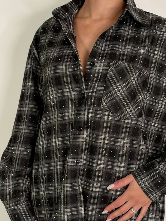 Camicia Over Nero A Quadri Con Dettagli Strass - Abbigliamento Jessica