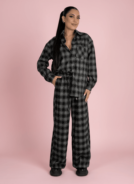 Camicia Over Nero A Quadri Con Dettagli Strass - Abbigliamento Jessica