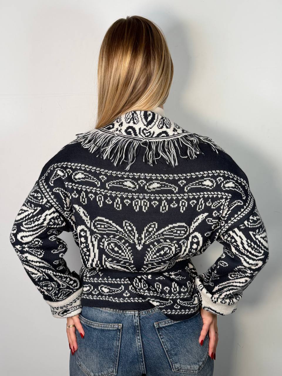 Cardigan Bandana Crop Blu Bianco, vista retro