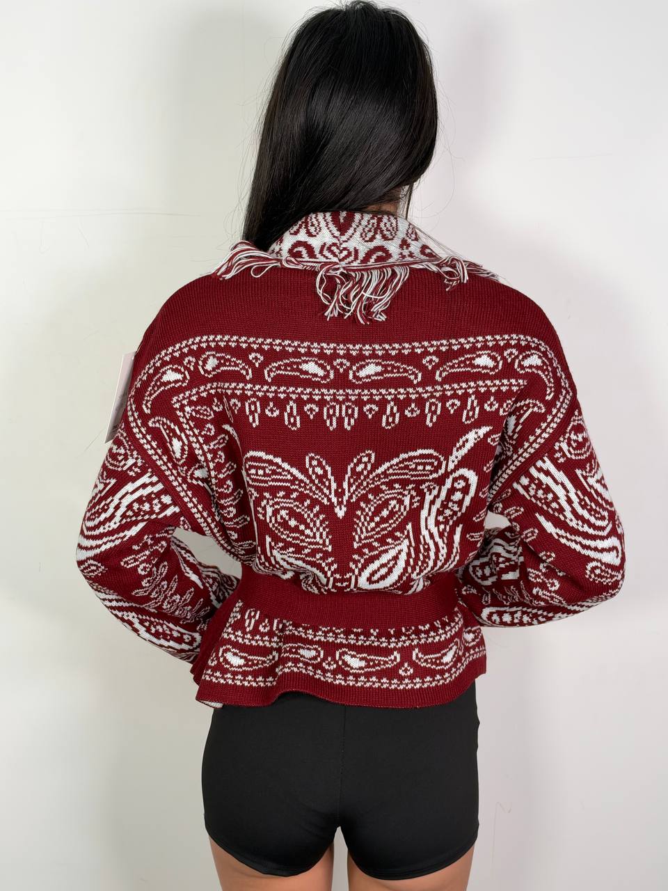 Cardigan Bandana Crop Bordeaux, fantasia bandana con frange e cintura