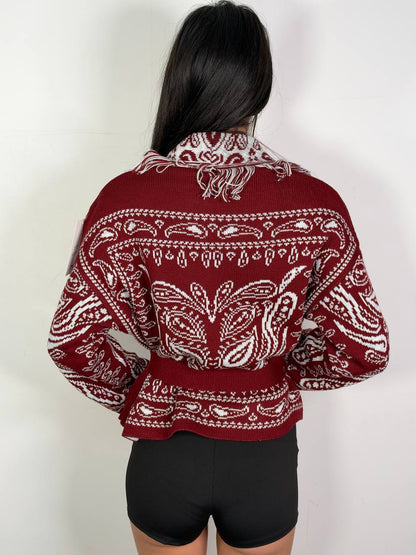 Cardigan Bandana Crop Bordeaux, fantasia bandana con frange e cintura