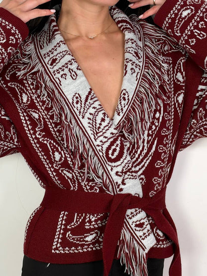 Cardigan Bandana Crop Bordeaux, fantasia bandana con frange e cintura