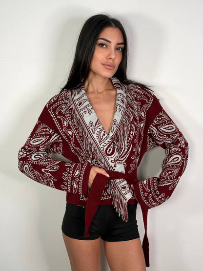 Cardigan Bandana Crop Bordeaux, fantasia bandana con frange e cintura