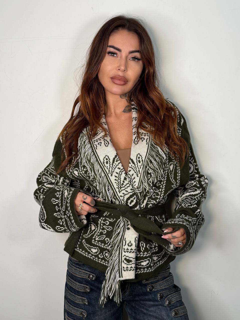 Cardigan Bandana Crop Bosco, vista fronte