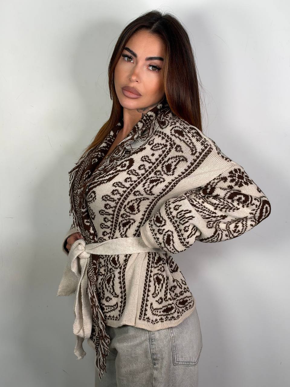 Cardigan Bandana Crop panna marrone, laterale