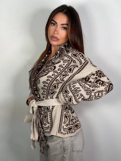 Cardigan Bandana Crop panna marrone, laterale