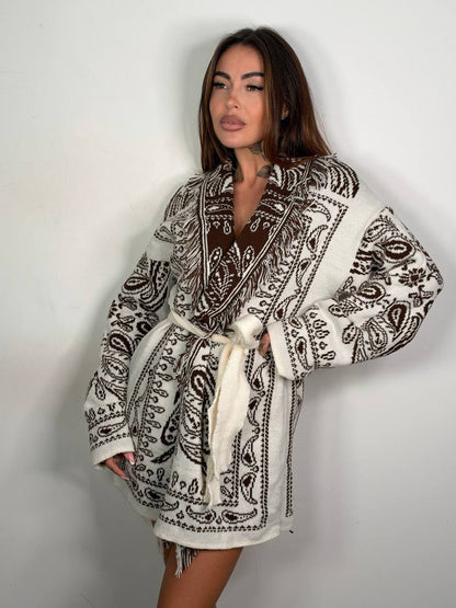Cardigan Bandana lungo Panna Marrone, vista frontale