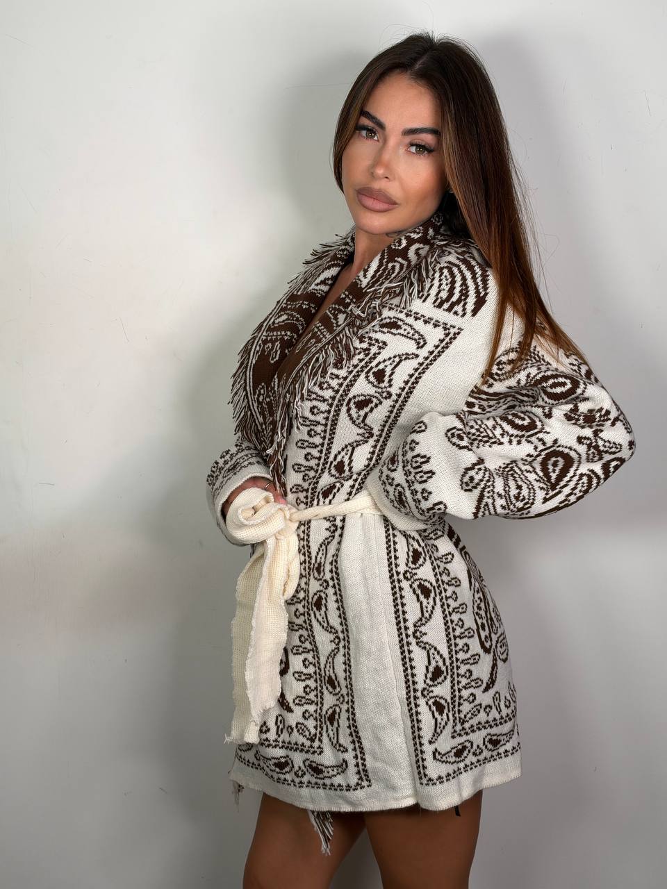Cardigan Bandana lungo Panna Marrone, laterale